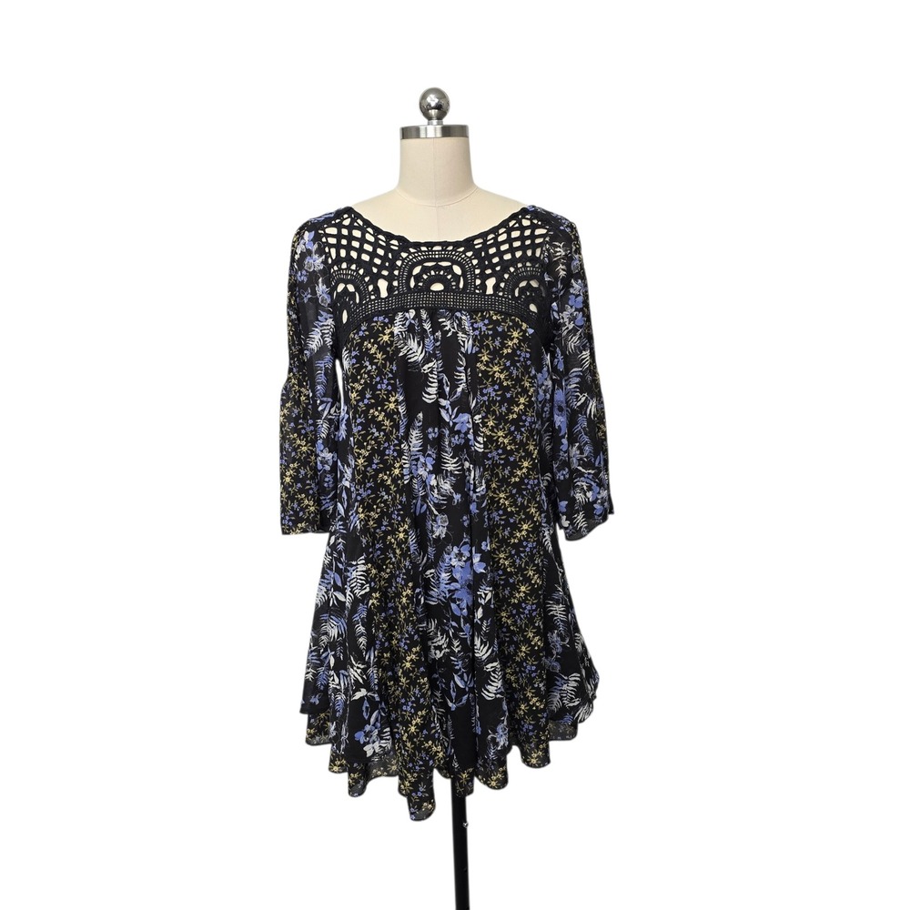 Free People Floral Crochet Yoke Mini Dress‎ Black Blue Strappy Back Size Small